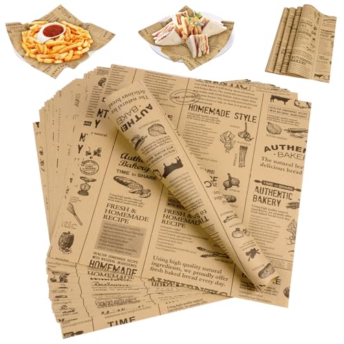 HAGOT 100 Pieces Greaseproof Paper Sheets, Food Wrapping Paper Food Basket Liner, Suitable for Hamburgers, Snacks, French Fries (25 x 25 cm)