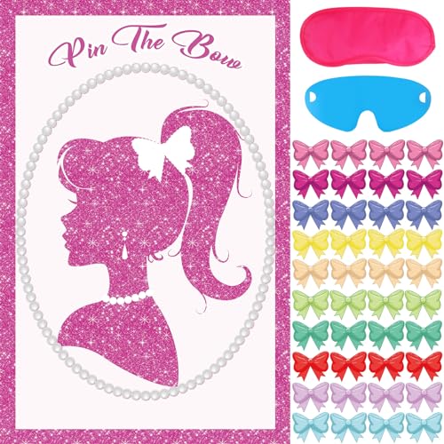 Pink Birthday Party Decorations Girls Princess Party Games Pin The Bow Tie On The Princess With 40 Pcs Bow Tie Stickers, Large Princess Poster for Girls Women Pink Birthday Carnival Party Supplies