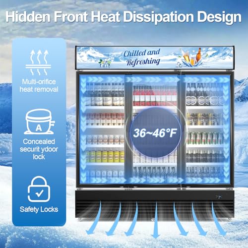 Image of Tylza Commercial Refrigerator, Three Glass Door Display Beverage Fridge, 59.06 Cu Ft Upright Beverage Cooler Merchandiser with Replaceable Advertising Light Board, Rebound Door, Fast Cooling