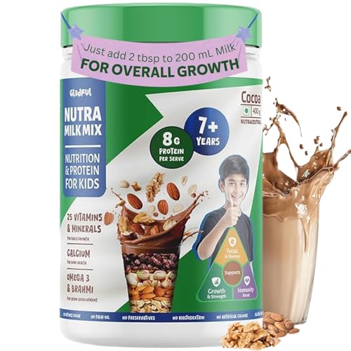 Gladful NutraMilk Chocolate Drink Powder 400g | Milk Mix 7+ yrs | 8g Protein | Zero Refined Sugar | Omega-3 for Brain Development | 25 Essential Nutrients for Growth & Immunity | Hot Chocolate & Milkshake Powder | Made with Ragi, Oats, Bajra & Nuts