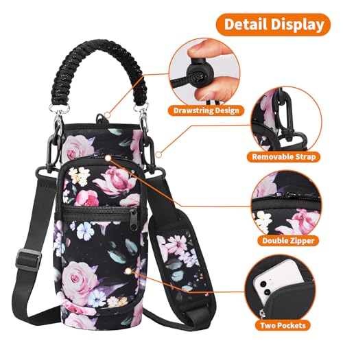 AceTreker Water Bottle Sleeve, 32 oz 40 oz Water Bottle Carrier with Strap & Paracord Handle, Neoprene Insulated Bottle Holder Sling Bag with Phone Pocket for Walking Hiking Sport-Black Flower - Thumbnail 7