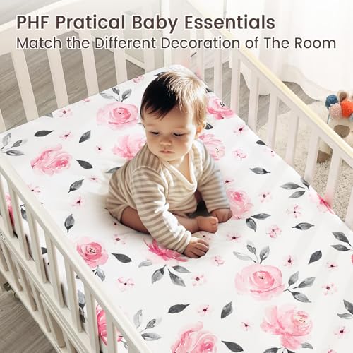 Image of PHF Soft Crib Sheet Fitted, 2 Pack Baby Sheets for Girls, 28x52x9in Fits Standard Crib and Toddler Mattresses, Silky Comfy Breathable Polyester Baby Mattress Sheets, Pink Floral