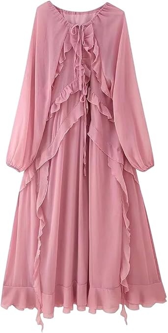 Dvbfufv Womens Ruffle Lace Up Chiffon Dress Summer V-Neck Long Sleeved Loose Long Skirt