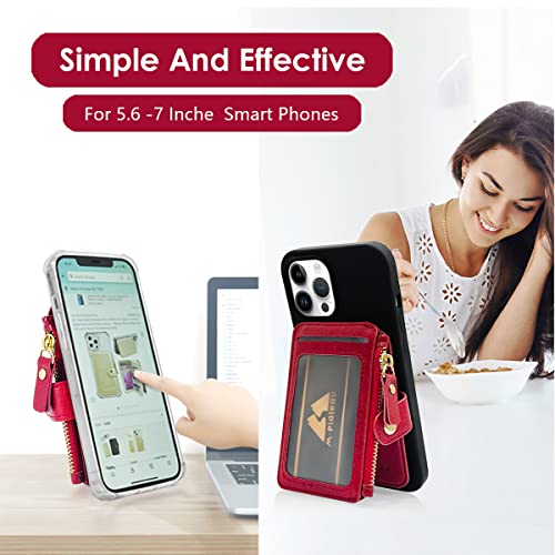 Image of M-Plateau Card Holder for Phone Case Button Closure Phone Wallet for Women with Zipper Coin Purse Have 6 Card Slots and ID Window Suitable for iPhone 14 Plus Case (Red)