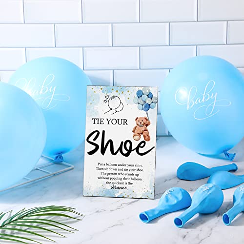 Image of Roowest 51 Pcs Tie Your Shoe Baby Shower Game Sign Wooden Sign Greenery Gift Sets Gender Reveal Party Favors 50 Balloons Latex Balloons for Game Wedding Supplies(Blue,Bear)