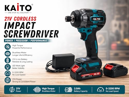 Image of KAITO 21V Brushless Impact Driver Kit | 1 /4 inch Hex, 3800 RPM, High Torque Cordless Screwdriver | 2 Li-Ion Batteries + Charger | Heavy Duty for Wood, Metal & Construction Work