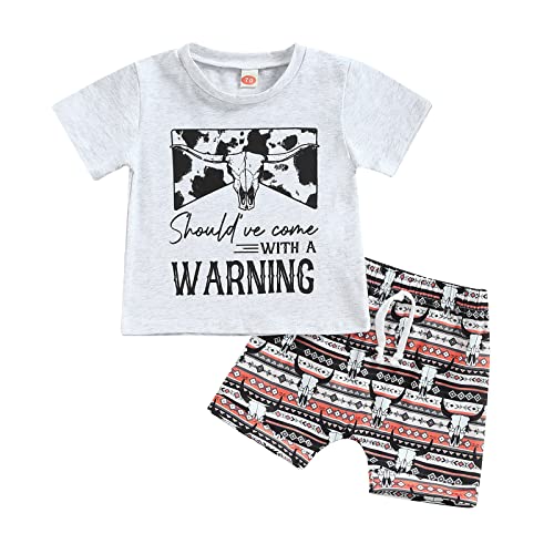 Image of Toddler Baby Boy Western Outfit Summer Clothes Cow Print Short Sleeve T Shirt Top Shorts Set Cowboy Outfits (a Grey, 6-12 Months)