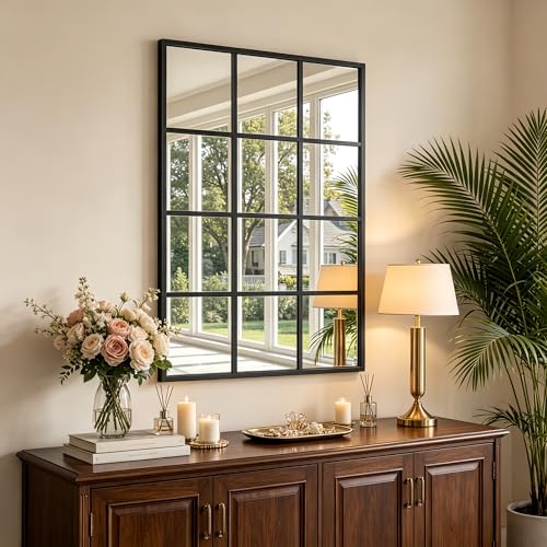 Image of Dewfig Rectangle Wall Mirror, 47 inchx30 inch Metal Frame Windowpane Mirror, Black