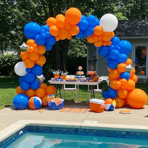 Blue, Orange and White Balloon Arch Kit with Silver Star Foil – Double-Stuffed 5" 12" 18" Balloons for Football, Back to School, Fall Baby Shower, Boys Birthday & Halloween Decor