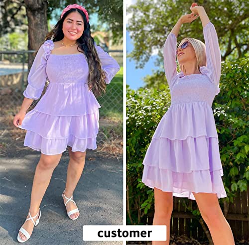 Byinns Women's Smocked Ruffle Mini Dress Square Neck Long Sleeve Party Dress Cute Cottagecore Wedding Guest Dress3