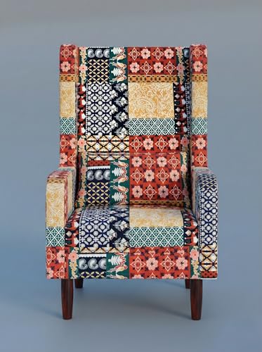 Image of WELL KNOWN Wooden Wing Chair with Ottoman Stool | Wingback for Living Room | High Density Foam | Accent Chair for Seating, Home Decor Furniture | (Marwadi Print, with Ottoman)