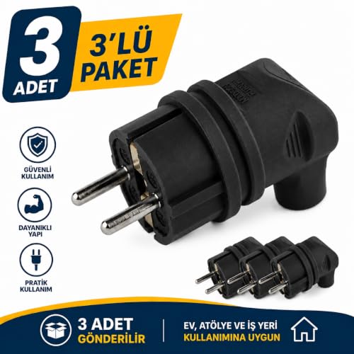 3 Adet; Monofaze Kauçuk L Tipi (Eğik) Topraklı Erkek Fiş (Siyah) | IP44 Koruma, Faz + Nötr + Toprak, Kauçuk