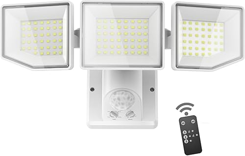 Luces LED de seguridad con sensor de movimiento para exteriores, 38W 8000LM detectadas, luces de inundación IP65, 6500K, 3 cabezales ajustables para