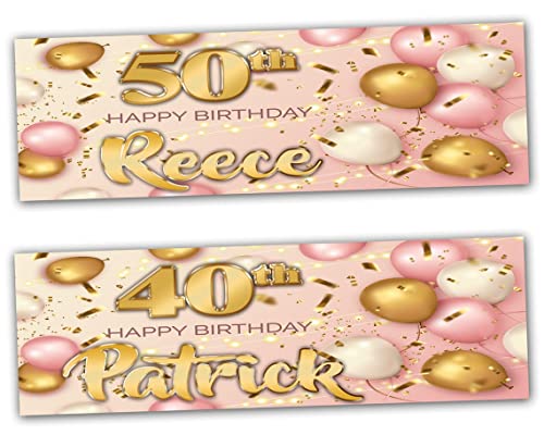 2 personalisierte Geburtstagsbanner Gold Rose Pink Luftballons Party Dekoration Hochzeit Feier Poster Cover