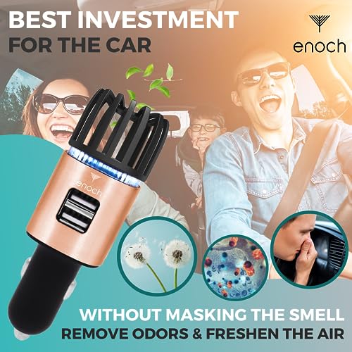 Image of Enoch Car Air Purifier Premium Air Ionizer - 12V Plug-In Ionic Ozone Deodorizer Accessory with Dual USB Car Charger - Eliminates Cigarette Smoke, Pet and Food Odors, Dust (Rose Gold)