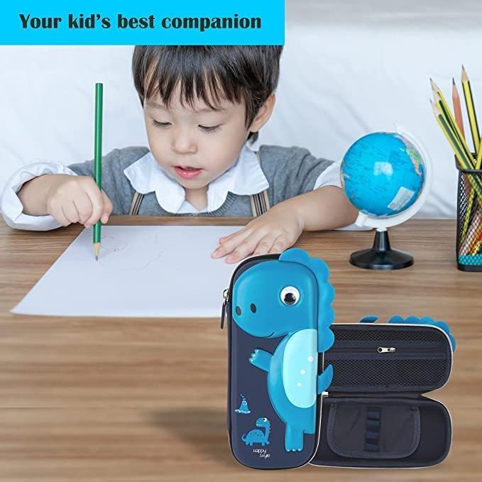 Image of Dinosaur Hardtop Pencil Case with Multiple Compartments - Kids School Supply Organizer Students Stationery Box - Girls Pen Pouch (Small Dinosaur Pouch Blue)