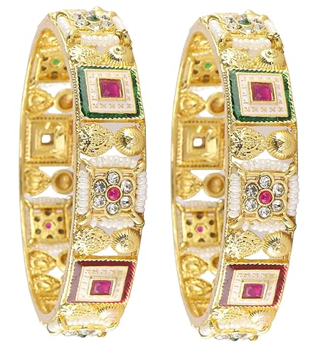 Image of NMII Gold Metal Bangles Rajwadi Style Kangan Set For Women & Girls With Zircon Diamond & Pearls | Traditional Girl's Bangles Bracelet | Kada For Women Trendy | Wedding, Party, Daily- Set Of 2
