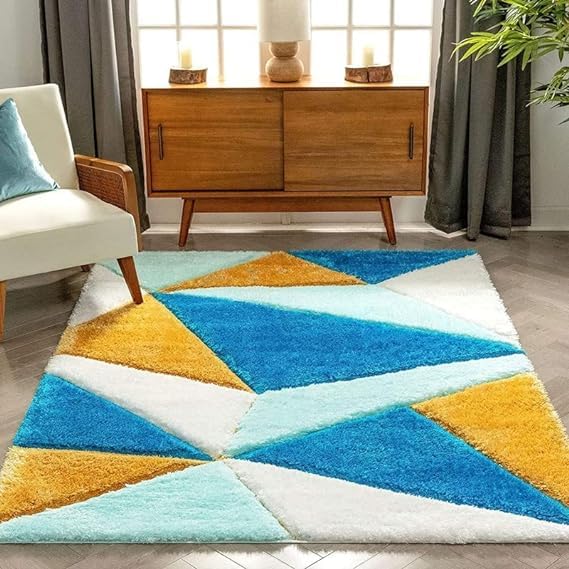 Rentoor_Shaggy Modern Rug Soft Handwoven 3D Premium Shag Collection with 3x5 Feet Size, Blue Geo, 2 Inch Pile Height for Living Room|Home and Bedroom, Rectangular