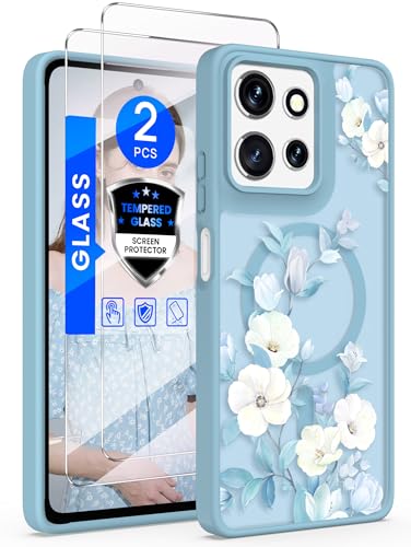 Yucenx for Motorola Moto G Power 5G 2025/2026 Floral Phone Case with 2X Screen Protector, Military Grade Magnetic Translucent Matte Girls Women Flower Pattern Protective Cover (Blue)