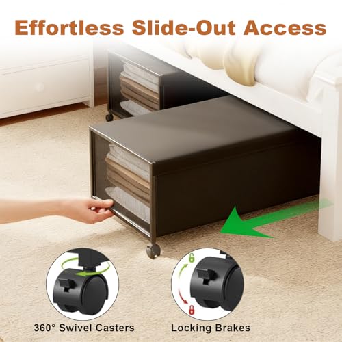 Image of 2 Pack Under the Bed Storage Containers,12 inch Height Under Bed Shoe Storage,31inch Long Underbed Storage with Wheels,Large Rolling under bed Clothes Storage Drawers with Lid for Dorm Tall,Black
