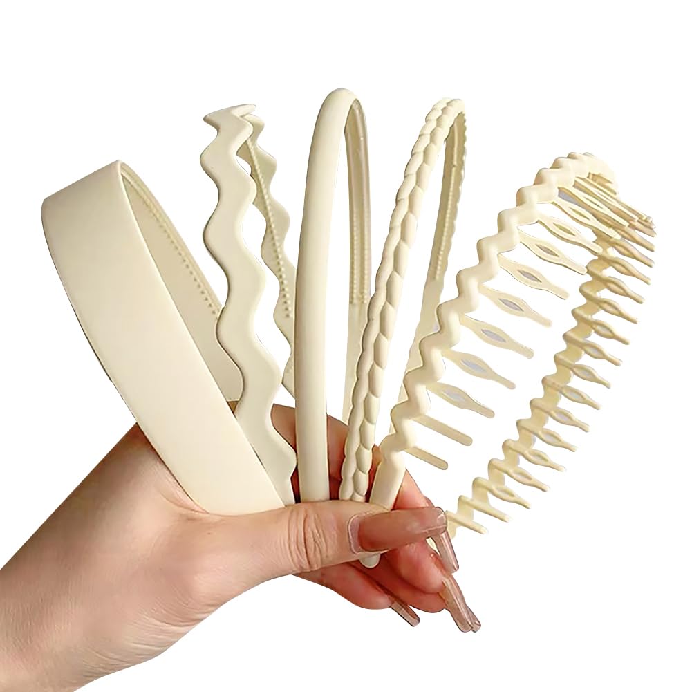 Plastic Plain Wide Headbands with Non-Slip Teeth Comb, Wavy Braided Hair Accessories for Women and Girls - White