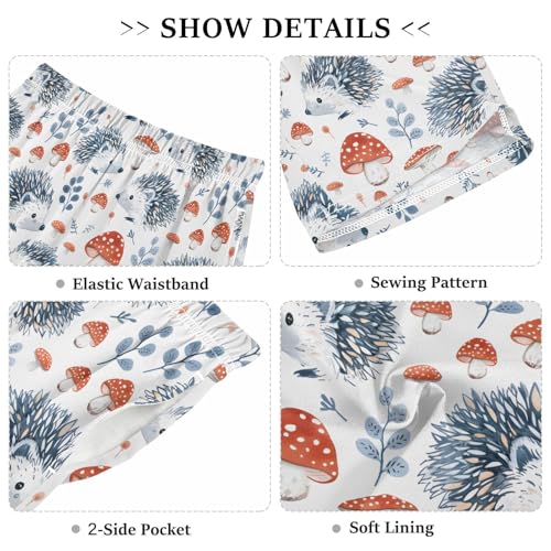 Hedgehog Mushrooms Forest Background Sleep Shorts Summer Pajama Shorts Elastic Waist Sleep Bottoms with Pockets 6-14 Years3