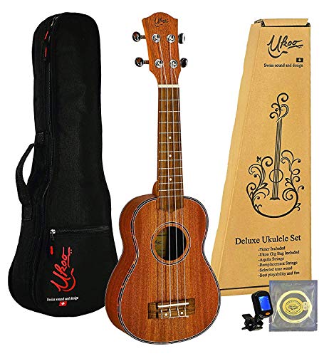 MA 21/305 S Ukulélé soprano suisse Ukoo soprano Corps en acajou 21' avec accordeur, cordes de rechange Aquila et housse de transport acoustique Soprano 21'