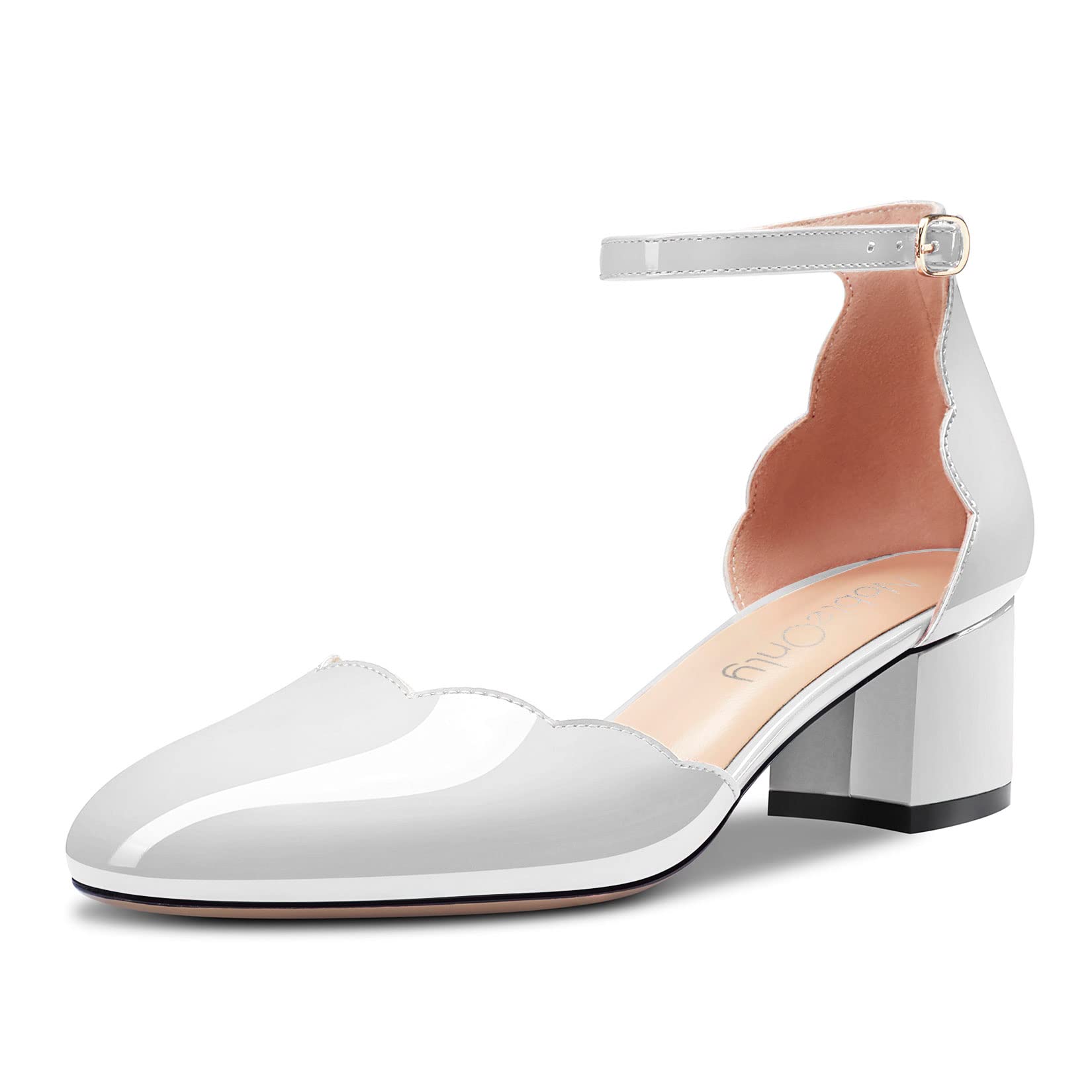 NobleOnly Femmes Bloc Chunky Bas Talon Heel Fermé Rond Bout Lanières Cheville Escarpins Boucle Mariage Bureau Party Dress Sandales 5 CM Heels