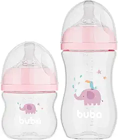 Buba Toys Kit Mamadeiras Easy Flow, Rosa, Plástico Livre de BPA, 120ml e 270ml, Anti-cólica, Fluxo Suave, 2 Unidades, Para Bebês 0-24 Meses