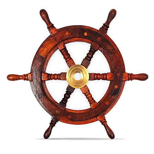 Nautical Decor Sheesham Wood Decorative Ship Wheel with Brass Center Home Decoration Gifts
