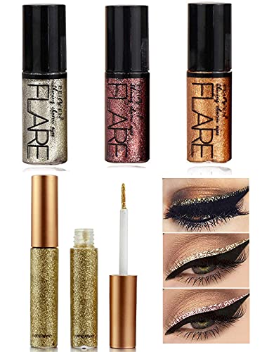 4 Colors Glitter Eyeliner, Metallic Shimmer Glitter Eyeshadow, Long Lasting Waterproof Shimmer Sparkling Eyeliner Eye Shadow (Set 02)