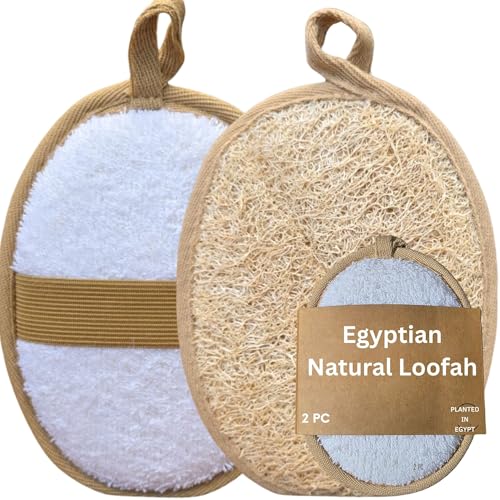 Egyptian Natural Loofah Pad Exfoliating Body Scrubber - Vegan Double Sided Luffa Sponges Deep Clean Your Body, Face & Back While an Exfoliating Washcloth Side Removes Oils - 6.9 x 4.7 Inches, 2 Pack