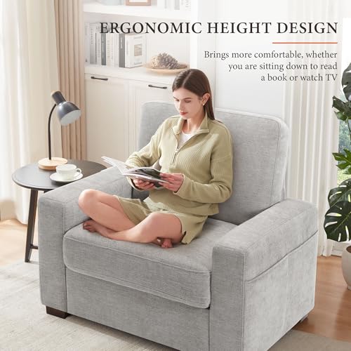 Image of Ihanherry 39 Inch Sofa Single with Side Pocket, Comfy Modern 1-Seat Sofa for Living Room & Bedroom, Removable Medium Firm Sofa Cushion, Breathable Chenille Fabric, Grey