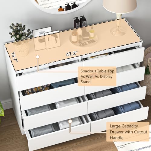Vibe & Dine 8 Drawer Double Dresser, Modern Chest of Drawers with Wide Storage for Closet, Bedroom, Living Room, White - Image 6
