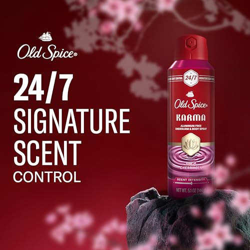 Image of Old Spice Aluminum Free Body Spray for Men, 24 /7 Signature Scent & Lasting Freshness, All-Day Odor Protection, Easy Application, Karma with Cherry Spice, Black Pepper, + Sandalwood Scent, 5.1 oz