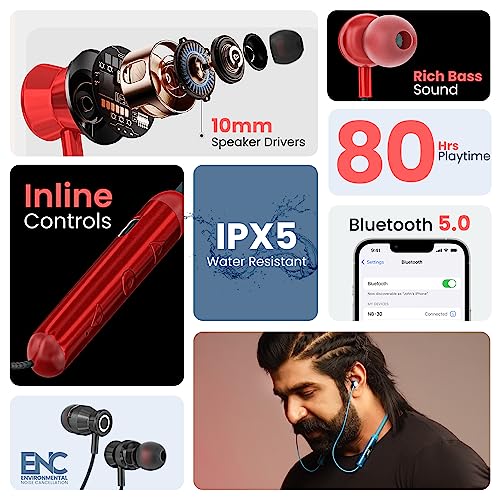 Image of AMS NB-30 Newly Launched, in Ear Earphones with 80Hrs Playback, Bluetooth 5.0 Wireless Headphones with mic, Deep Bass Neckband, IPX5 Water Resistance,Magnetic Earbuds, Fast Charging | Blue