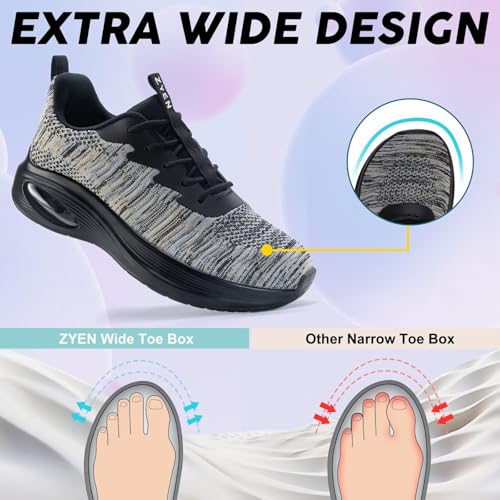 Image of ZYEN Wide Toe Box Shoes Women Air Cushion Road Running Shoes Extra Wide Width Sneakers Arch Support Gym Athletic Tennis Sneakers Lightweight Breathable Walking Shoes