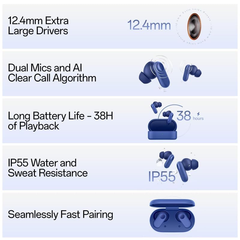 Image of Earbuds for One-Plus Nord CE 4 Lite 5G Mobile Earbuds with Mic 2r, 12.4mm Drivers, Playback:Upto 48hr case,4-Mic Design, IP55 Rating, TWS Ear Buds with mic (54 Hours Case,OPBR2-57)