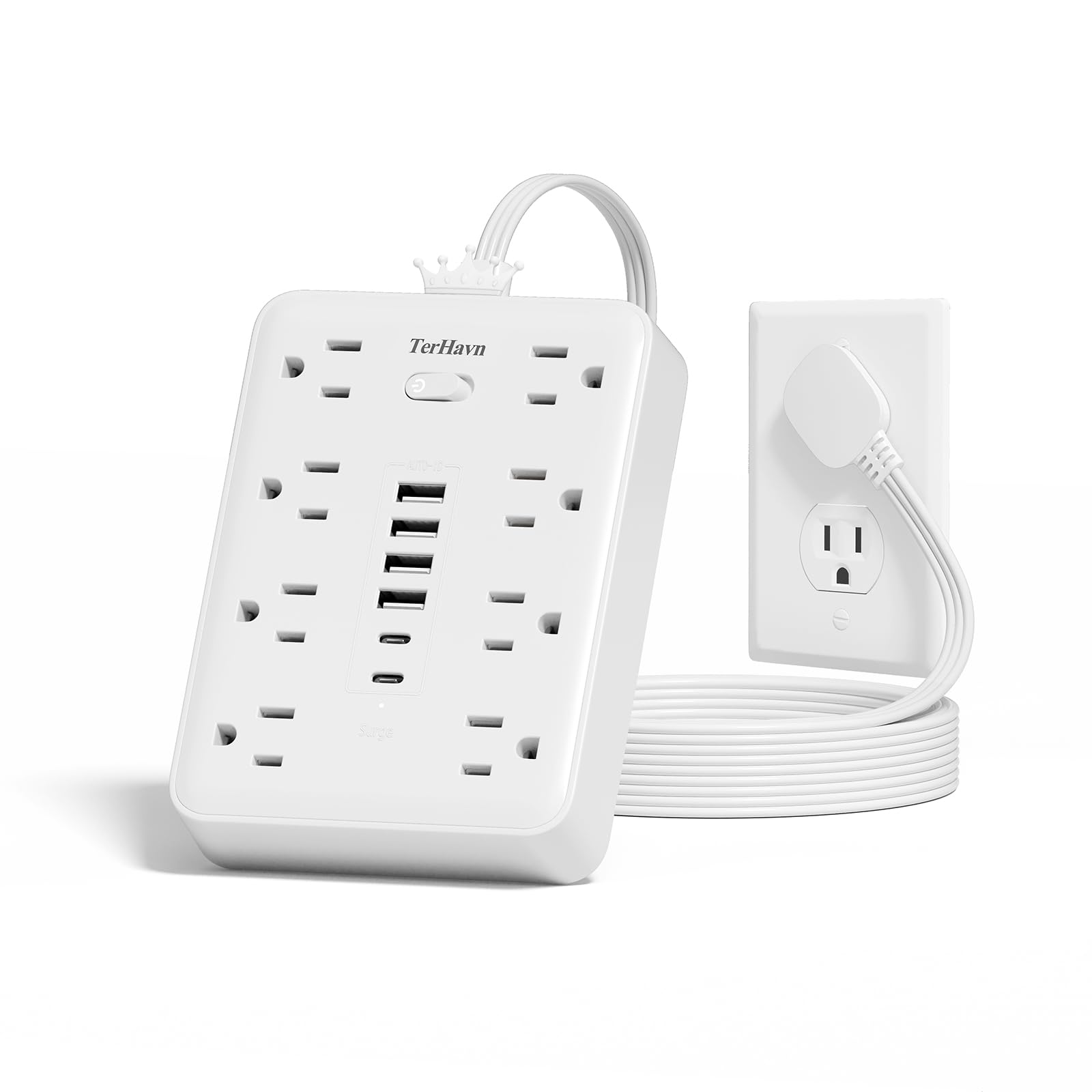 Extension Cord Flat Wall Plug with Surge Protector & 8 Outlets 6 USB Ports – 15A 1875W Power Strip for Home Office Dorm Room – 5ft Flat Cord in White