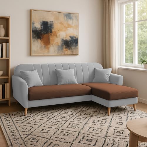 Image of Atticus RHS 4 Seater L Shape Sofa Set for Living Room (Brown Grey Fabric) Premium Fabric Sofa Set