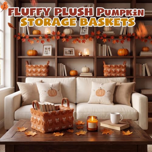 Image of 2 Pcs Pumpkin Bow Storage Basket 14x10'' Fall Pumpkin Storage Bin | Back to School Gift, Fluffy Plush, Closet Organizer with Handle, Thanksgiving, Halloween, Home Office Laundry Car Shelves