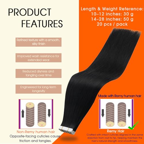 Image of Full Shine Tape in Hair Extensions Human Hair,1B Off Black,10Inch 30G 20Pcs,Seamless Invisible Tape in Extensions for Thin Hair,Add Natural Volume And Length,Remy Human Hair