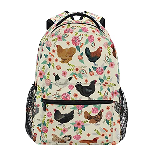 CHIFIGNO Chickens and Floral Lightweight Printed Bookbags School Backpacks for Teens and Girls