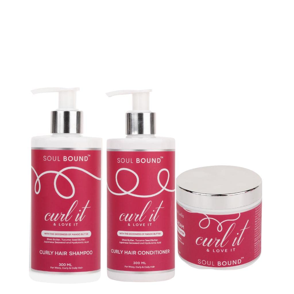SOUL BOUND Curl It & Love It Shampoo, Conditioner and Leave-in Hair Cream Combo Pack - Made with Mango Butter, Shea Butter & Tucama Seed Butter for Deep Hydration, Defined Curls, Shine and Bounce