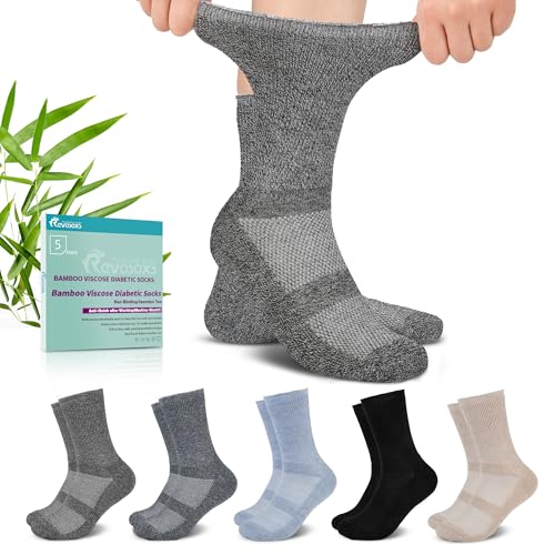Image of Revosoxs Diabetic Crew Socks for Men Women,Bamboo Viscose Non-Binding Loose Top Wide Socks with Seamless Toe 9-12 10-13
