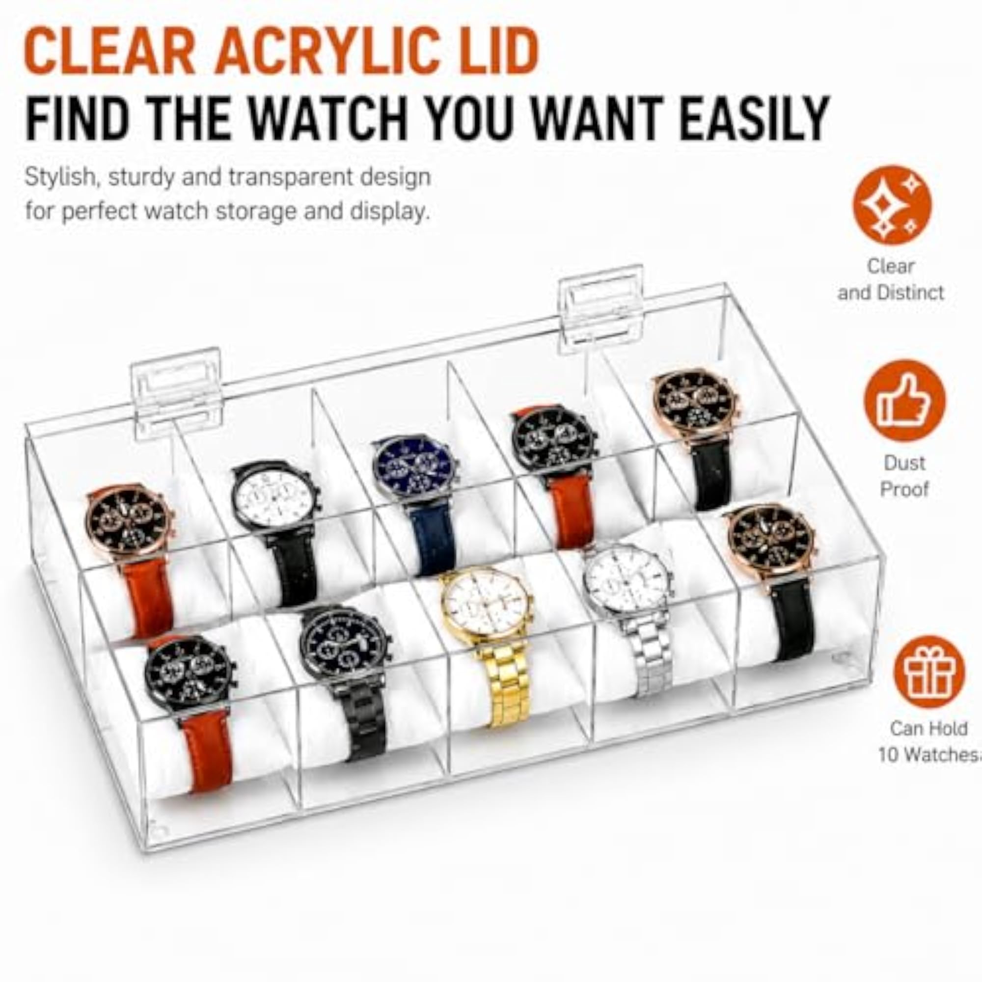 Watch Display Case 10 Slot, Clear Organizer Box