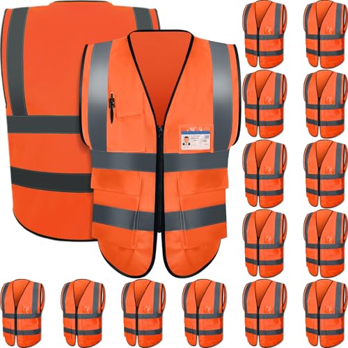 Image of JaGely 15 Pack Safety Vests with Pockets Zipper,Large,Orange Red