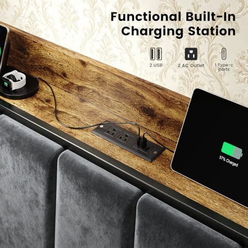 Image of Liians King Bed Frame with Storage Headboard and Charging Station | LED Lights, Metal Platform Bed, Noise Free, No Box Spring Needed, Easy Assembly