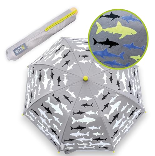 HECKBO Magic Kinder Regenschirm Hai Jungen Mädchen – Farbwechsel bei Regen – Schulranzen Taschenschirm Faltregenschirm 360° Reflektor - Geschenke zur Einschulung - mit Holzgriff & Schutzkappen