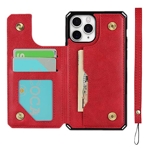 Pelanty iPhone 11 pro ケース iPhone11 pro ケース アイフォン11 pro ケース縄掛け 5.8インチ 背面 手帳型 PUレザー IC カード収納 軽量 スタンド機能 ボタン磁気 多機能 スマホケース 耐衝撃 滑り防止 全面保護 ストラップ 携帯カバー レッド